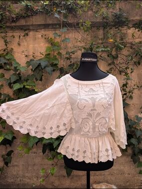 Express White Embroidered Peplum Blouse with Bell Sleeves